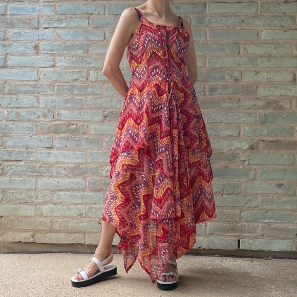 Tiered Maxi Dress Boho Red Lace Up Ruffled Handkerchief Hem Midi Sundress - Picture 2 of 15